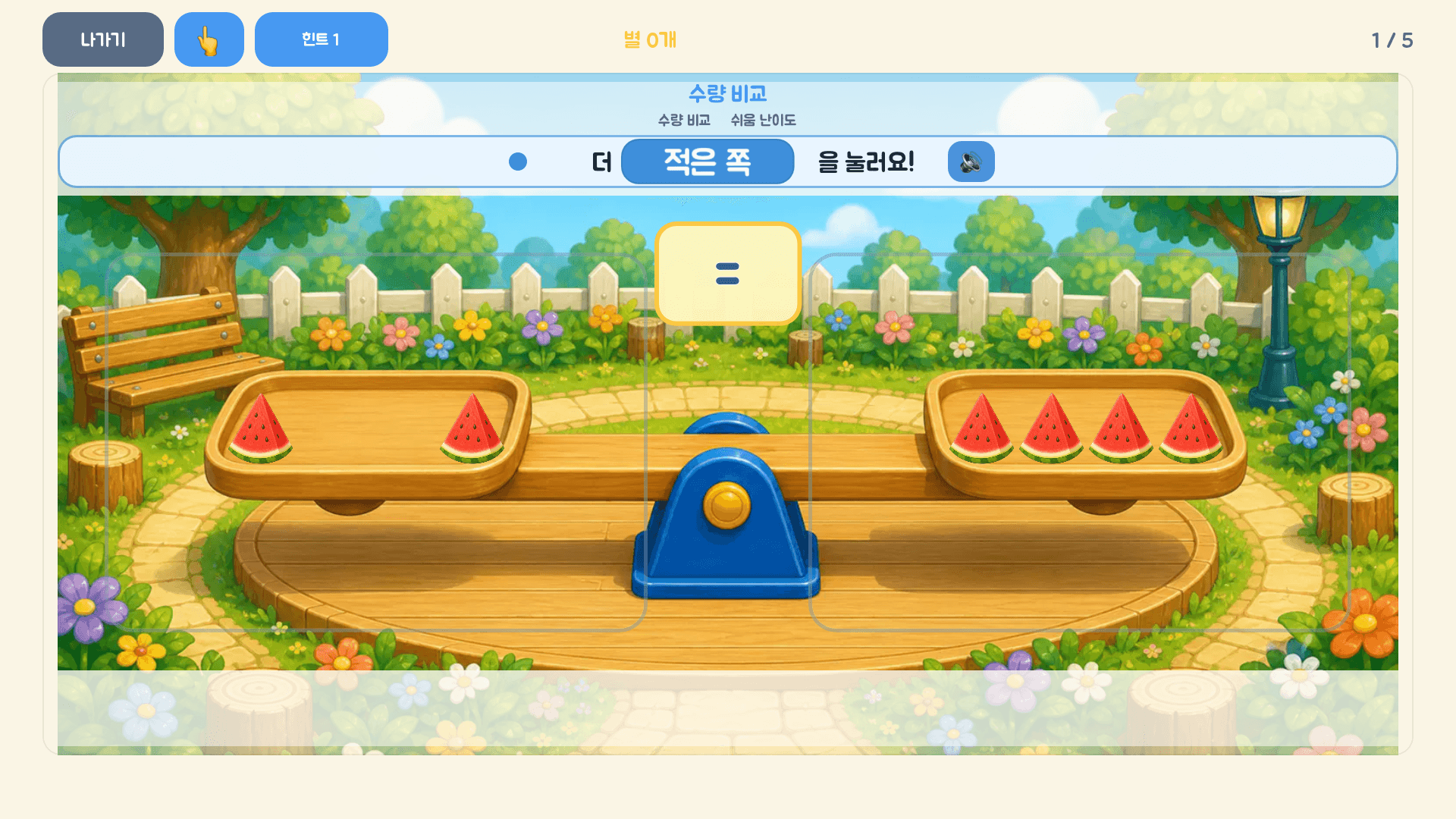 수박 두 조각과 네 조각을 비교해 더 적은 쪽을 찾는 레벨 1 실제 화면